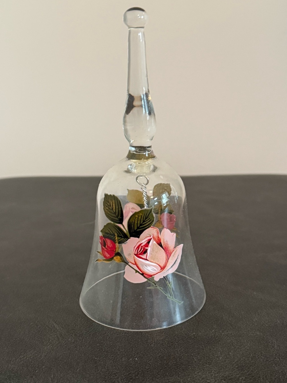 Vintage Glass Handbell with Pink Rose Floral Accent